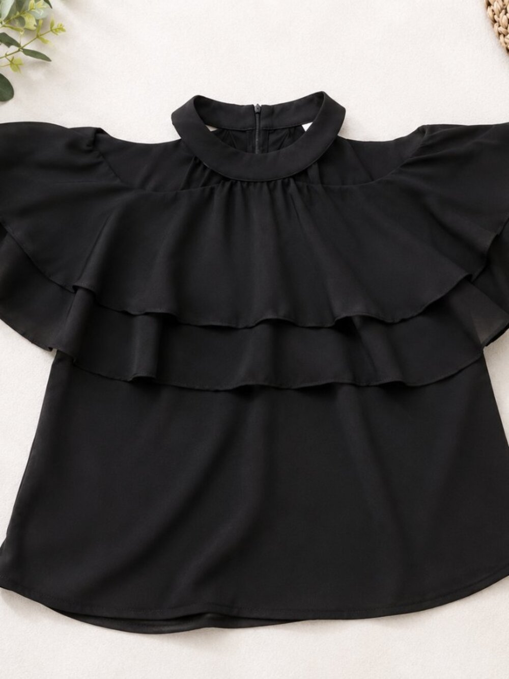 Dazy Women's XL Black Ruffle Blouse Mock Neck Flutter Sleeve Chiffon Top